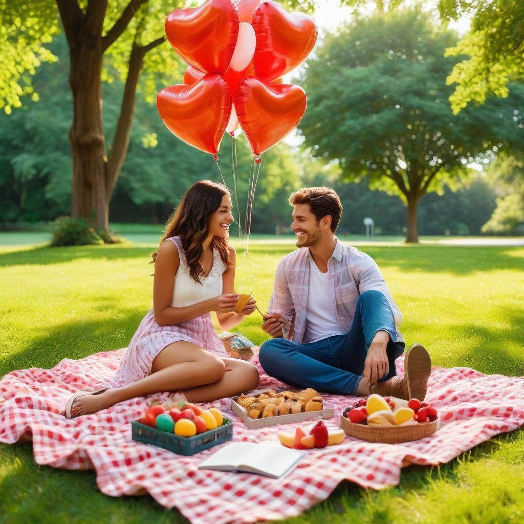 A couple enjoying a romantic picnic in a sunny park, surrounded by marketing elements like heart-shaped balloons and creative ads for date ideas. The scene conveys warmth, connection, and playful energy, featuring vibrant colors and soft sunlight filtering through the trees. Elements of creativity and strategy in love are subtly integrated, such as a notepad with relationship tips. super-realistic. vibrant colors. soft focus.