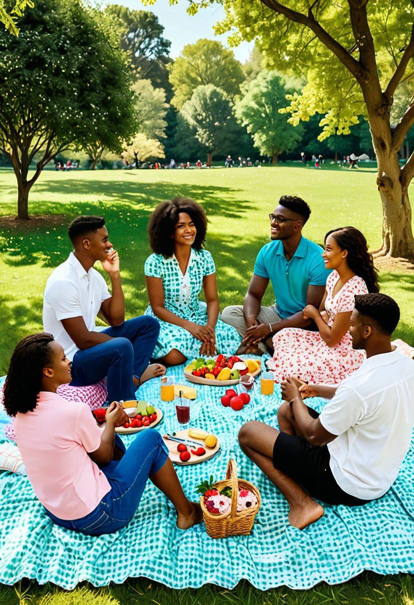 A vibrant, engaging scene showcasing a diverse group of couples enjoying a romantic picnic in a sunny park, surrounded by blooming flowers and trees. Include elements that symbolize communication and connection, such as hearts, chat bubbles, and intertwined hands. Capture the essence of romance and relationship management with warm colors and an inviting atmosphere. super-realistic. vibrant colors. bright background.
