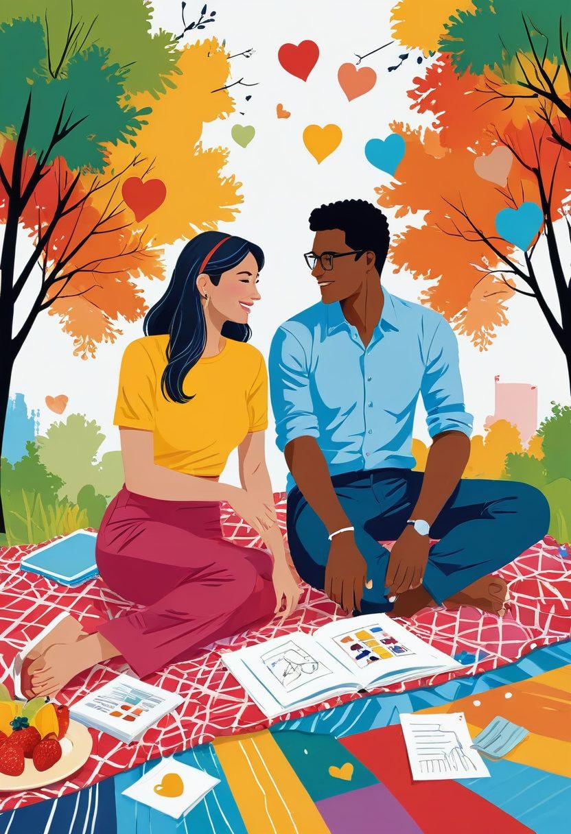 A couple engaged in a fun outdoor marketing brainstorming session, surrounded by colorful charts and strategy notes. The woman is enthusiastically sharing ideas, while the man listens intently, showcasing a positive and collaborative atmosphere. Incorporate elements like heart symbols and romantic themes subtly in the background to emphasize relationship success. Bright and vibrant colors. vector art.